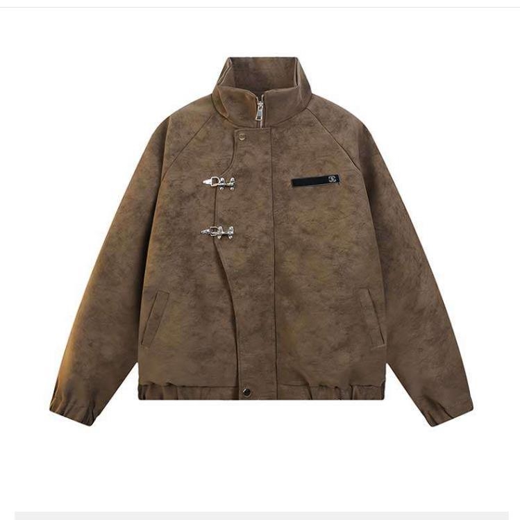 Δερμάτινο μπουφάν PU με τεχνική tie-dye, βιντάζ στυλ, στάσιμος γιακά, φερμουάρ, πλευρικές τσέπες, άνετη γραμμή, φθινόπωρο 2025