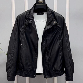 Ανδρικό δερμάτινο μπουφάν από γνήσιο δέρμα προβάτου, στάσιμος γιακά, φερμουάρ, βαμβακερή επένδυση, Άνοιξη 2025