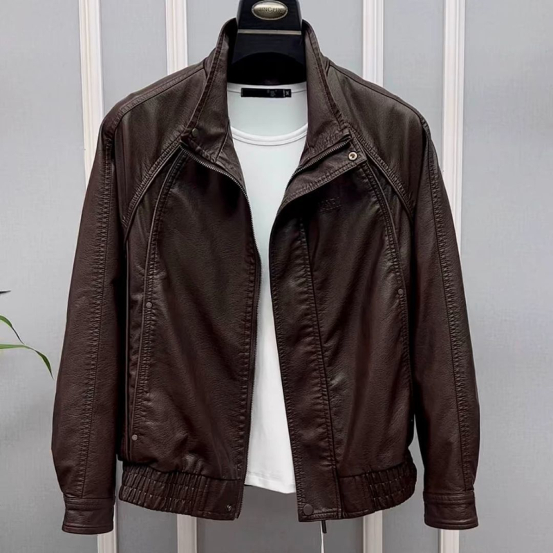 Ανδρικό δερμάτινο μπουφάν από γνήσιο δέρμα προβάτου, στάσιμος γιακά, φερμουάρ, βαμβακερή επένδυση, Άνοιξη 2025