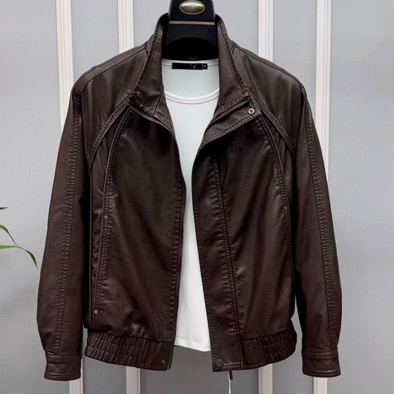 Ανδρικό δερμάτινο μπουφάν από γνήσιο δέρμα προβάτου, στάσιμος γιακά, φερμουάρ, βαμβακερή επένδυση, Άνοιξη 2025