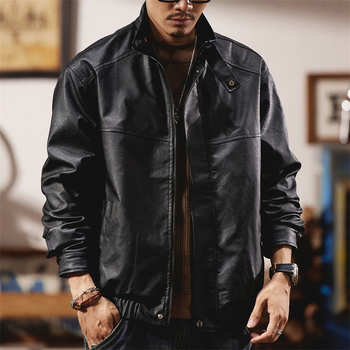 Ανδρικό PU δερμάτινο μπουφάν τύπου πιλότου — χαλαρή γραμμή, στάντ γιακά, μεσαίο μήκος, χειμερινή συλλογή 2024