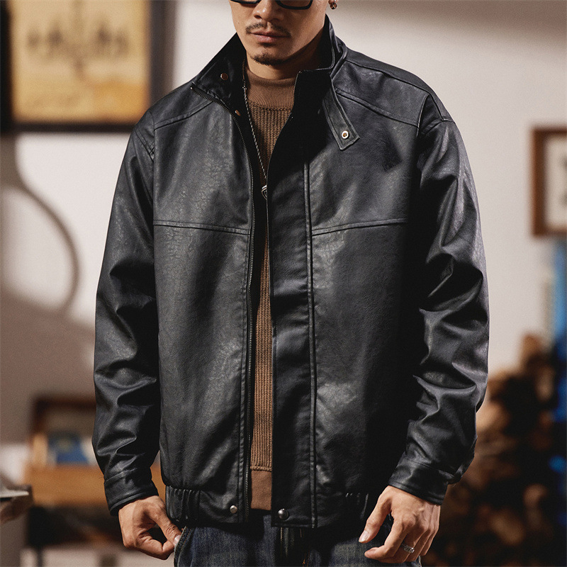 Ανδρικό PU δερμάτινο μπουφάν τύπου πιλότου — χαλαρή γραμμή, στάντ γιακά, μεσαίο μήκος, χειμερινή συλλογή 2024
