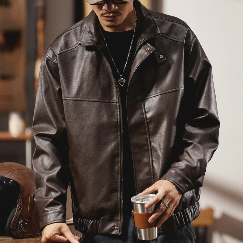 Ανδρικό PU δερμάτινο μπουφάν τύπου πιλότου — χαλαρή γραμμή, στάντ γιακά, μεσαίο μήκος, χειμερινή συλλογή 2024