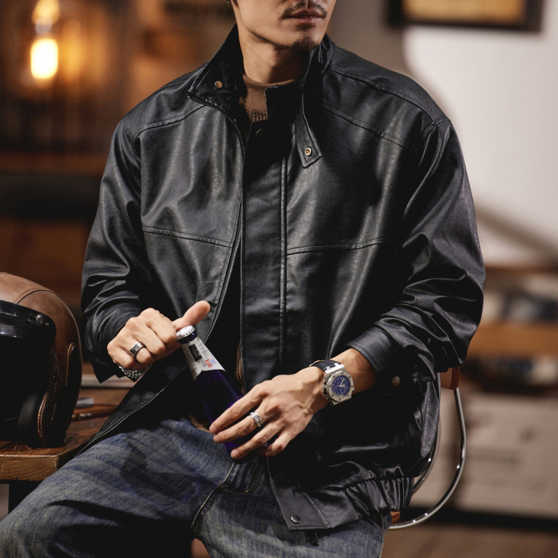 Ανδρικό PU δερμάτινο μπουφάν τύπου πιλότου — χαλαρή γραμμή, στάντ γιακά, μεσαίο μήκος, χειμερινή συλλογή 2024