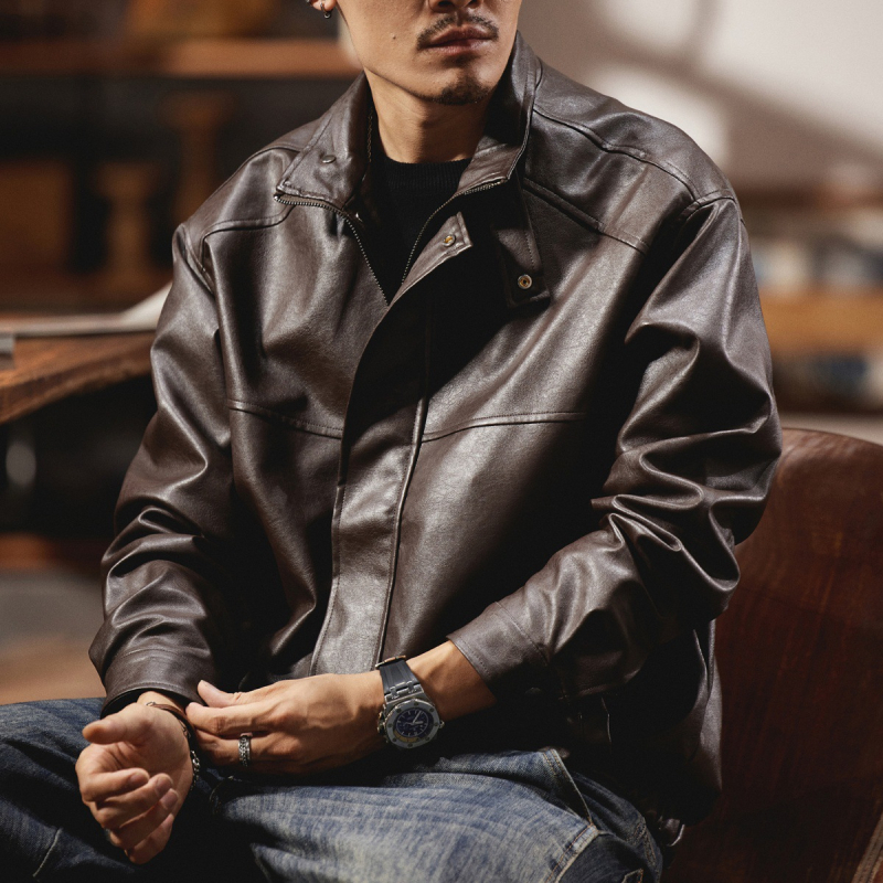 Ανδρικό PU δερμάτινο μπουφάν τύπου πιλότου — χαλαρή γραμμή, στάντ γιακά, μεσαίο μήκος, χειμερινή συλλογή 2024