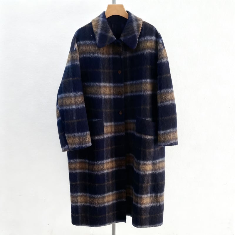 Női gyapjúkabát, visszafordítható, kockás mintázat, vast anyag, hosszú fazon, laza szabás