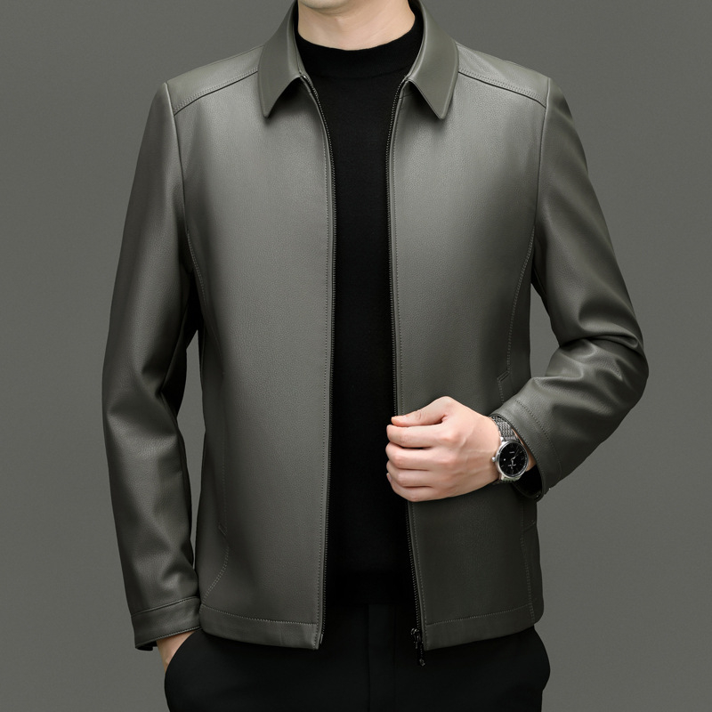 Ανδρικό PU δερμάτινο μπουφάν με πέτο γιακά, φερμουάρ μπροστά, κανονικού μήκους, φθινόπωρο 2024, καθημερινό/επαγγελματικό στυλ