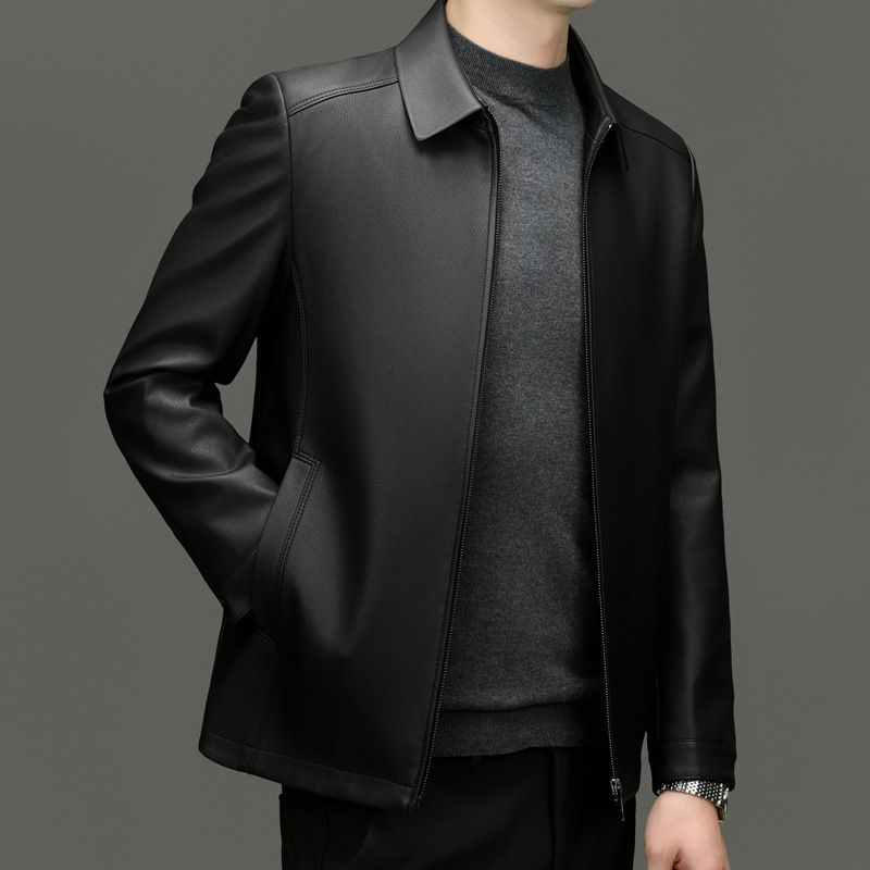 Ανδρικό PU δερμάτινο μπουφάν με πέτο γιακά, φερμουάρ μπροστά, κανονικού μήκους, φθινόπωρο 2024, καθημερινό/επαγγελματικό στυλ