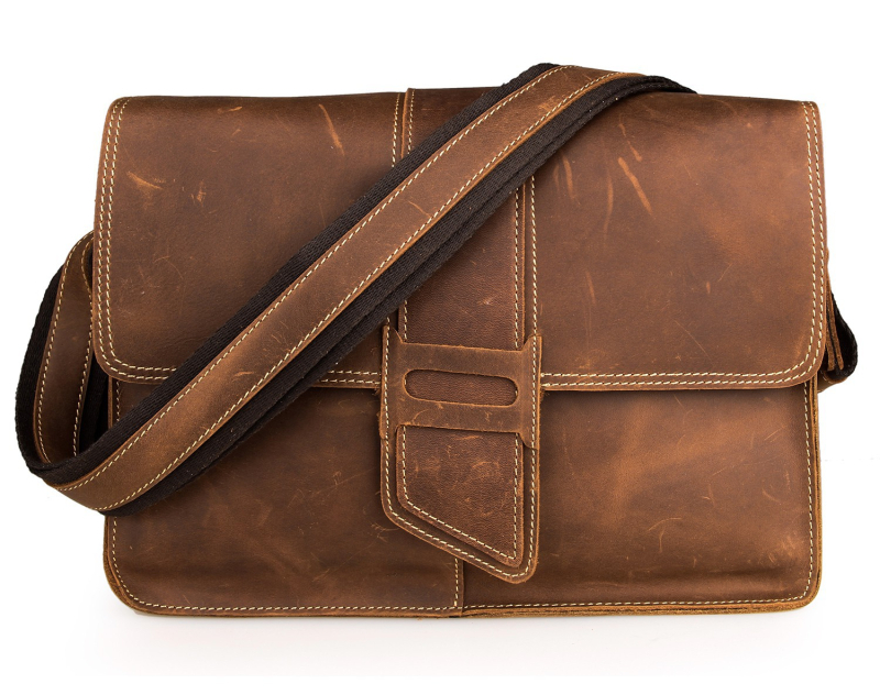 Muška crossbody torba od prave kože – europsko-američkog stila, Crazy Horse koža, jednobojni uzorak, podstava od poliestera i pamuka, kompatibilna s 10-inčnim prijenosnikom