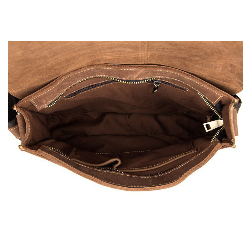 Muška crossbody torba od prave kože – europsko-američkog stila, Crazy Horse koža, jednobojni uzorak, podstava od poliestera i pamuka, kompatibilna s 10-inčnim prijenosnikom