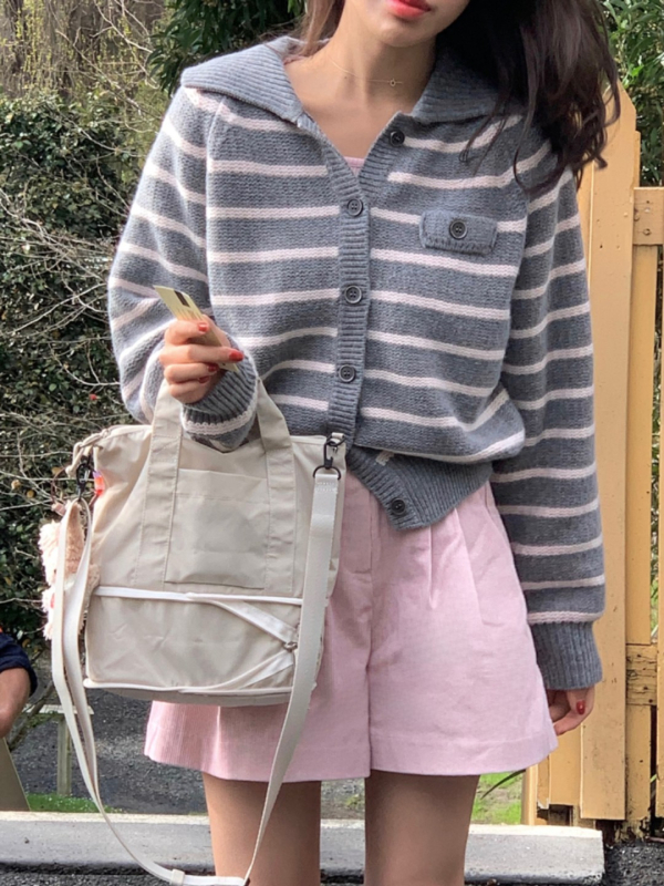 Cardigan pulover s reverom, prugasti pleteni, dugi rukavi – korejski chic jesen stil, poliester blend 30-50%, standardna duljina, uredski stil
