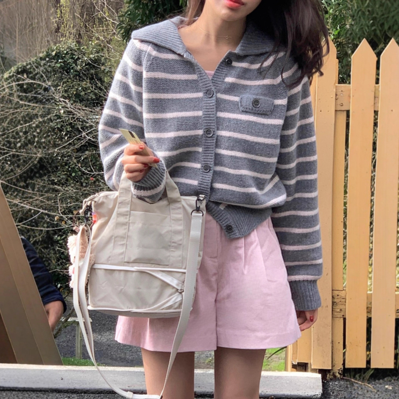 Cardigan pulover s reverom, prugasti pleteni, dugi rukavi – korejski chic jesen stil, poliester blend 30-50%, standardna duljina, uredski stil