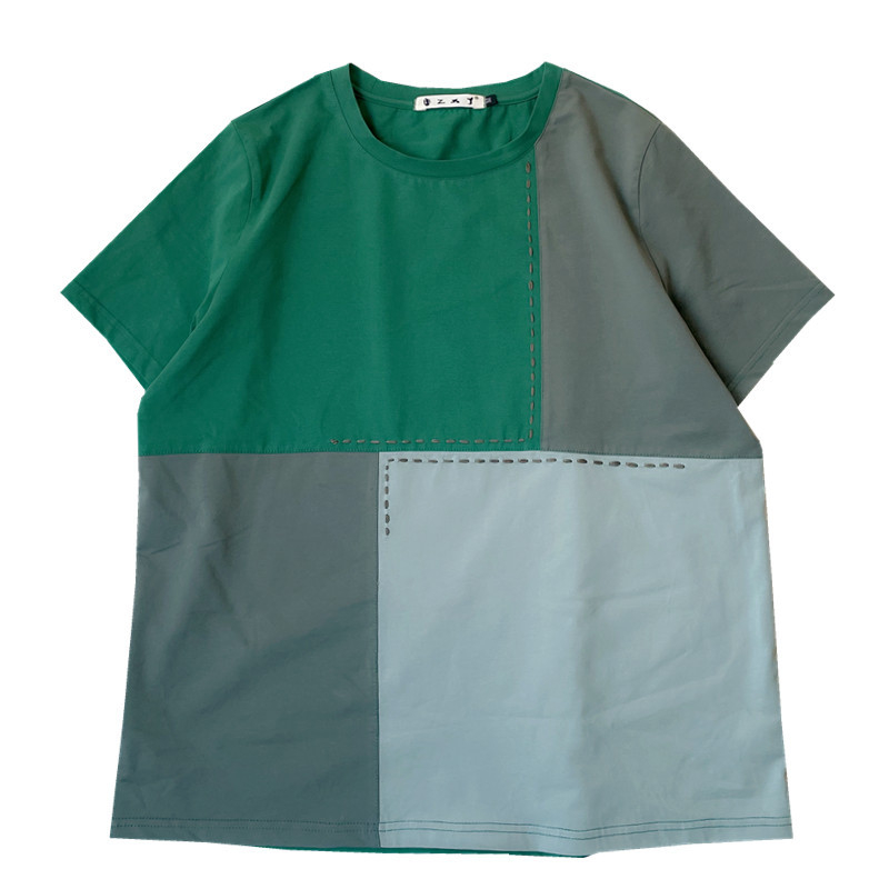 Pamuk T-shirt s geometrijskim kolažnim uzorkom, zaobljeni izrez, kratki rukavi, slobodan kroj, 95%+ pamuk, casual stil inspiriran japansko-korejskim trendom