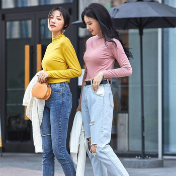 T-majica Slim Fit s dugim rukavima i polovično visokom ovratnikom, Modal/Rayon sa Spandex ≤30%, jednobojna, japansko-korejski ležerni stil