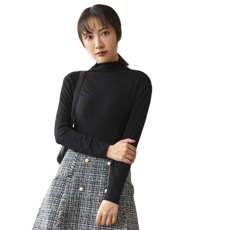 T-majica Slim Fit s dugim rukavima i polovično visokom ovratnikom, Modal/Rayon sa Spandex ≤30%, jednobojna, japansko-korejski ležerni stil