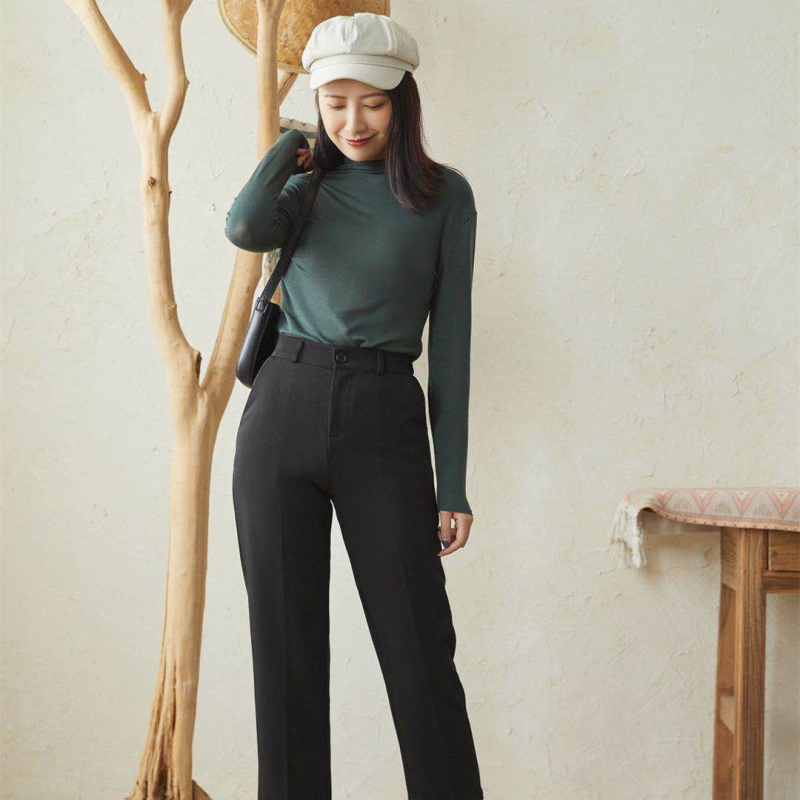 T-majica Slim Fit s dugim rukavima i polovično visokom ovratnikom, Modal/Rayon sa Spandex ≤30%, jednobojna, japansko-korejski ležerni stil