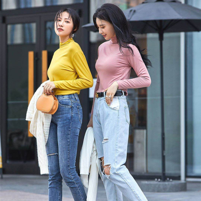 T-majica Slim Fit s dugim rukavima i polovično visokom ovratnikom, Modal/Rayon sa Spandex ≤30%, jednobojna, japansko-korejski ležerni stil