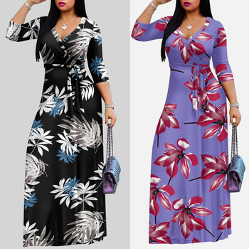 Dugačka haljina s floralnim printom, V-izrez, polu-rukavi, poliester tkanina, temperament commuter stil