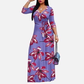 Dugačka haljina s floralnim printom, V-izrez, polu-rukavi, poliester tkanina, temperament commuter stil