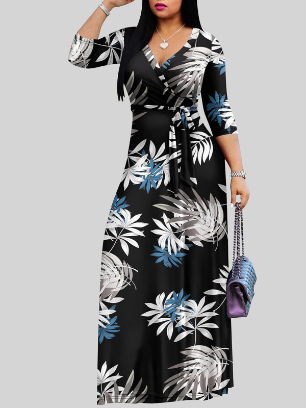 Dugačka haljina s floralnim printom, V-izrez, polu-rukavi, poliester tkanina, temperament commuter stil