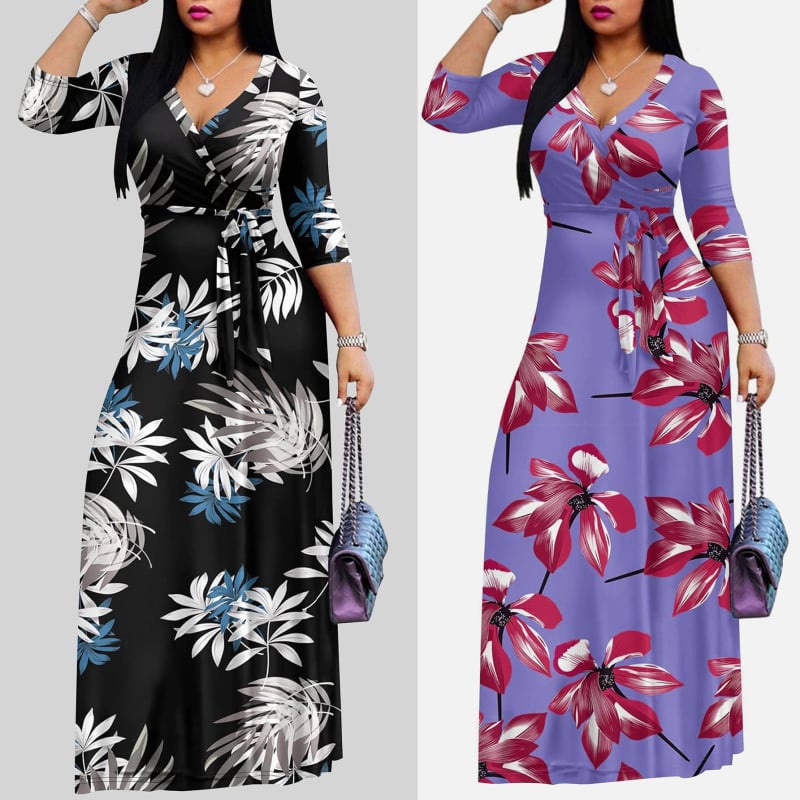 Dugačka haljina s floralnim printom, V-izrez, polu-rukavi, poliester tkanina, temperament commuter stil