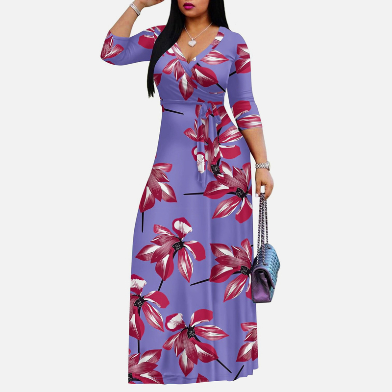 Dugačka haljina s floralnim printom, V-izrez, polu-rukavi, poliester tkanina, temperament commuter stil