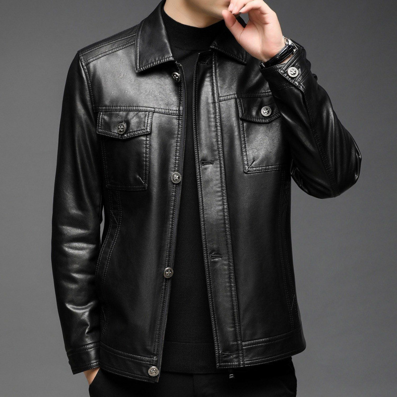 Ανδρικό PU δερμάτινο μπουφάν, κορεατικού στυλ, εφαρμοστό, πλευρικές τσέπες, μονοκόμματο κλείσιμο με κουμπιά