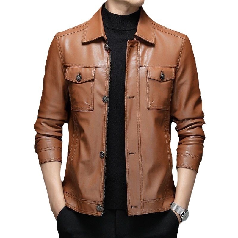 Ανδρικό PU δερμάτινο μπουφάν, κορεατικού στυλ, εφαρμοστό, πλευρικές τσέπες, μονοκόμματο κλείσιμο με κουμπιά
