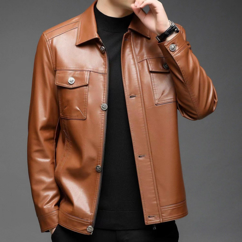 Ανδρικό PU δερμάτινο μπουφάν, κορεατικού στυλ, εφαρμοστό, πλευρικές τσέπες, μονοκόμματο κλείσιμο με κουμπιά