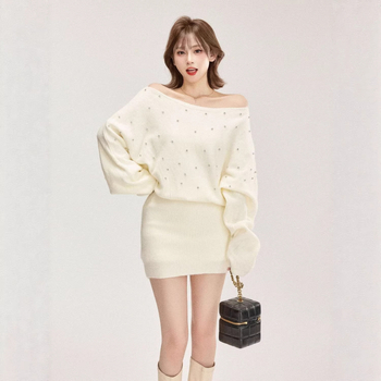 Rochie cu un umăr, mâneci lungi, talie înaltă, fustă wrap scurtă, tricot poliester, fără călcare, stil coreean