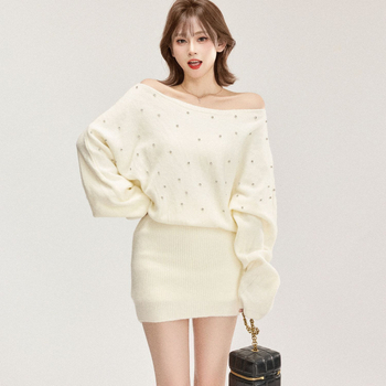 Rochie cu un umăr, mâneci lungi, talie înaltă, fustă wrap scurtă, tricot poliester, fără călcare, stil coreean