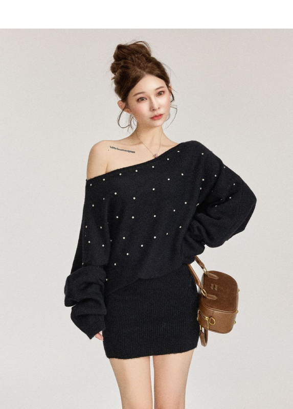 Rochie cu un umăr, mâneci lungi, talie înaltă, fustă wrap scurtă, tricot poliester, fără călcare, stil coreean