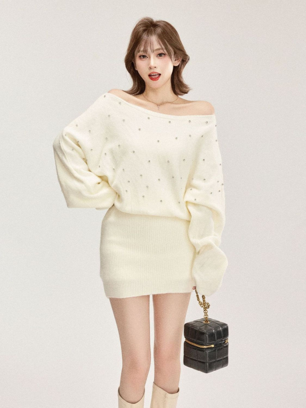 Rochie cu un umăr, mâneci lungi, talie înaltă, fustă wrap scurtă, tricot poliester, fără călcare, stil coreean