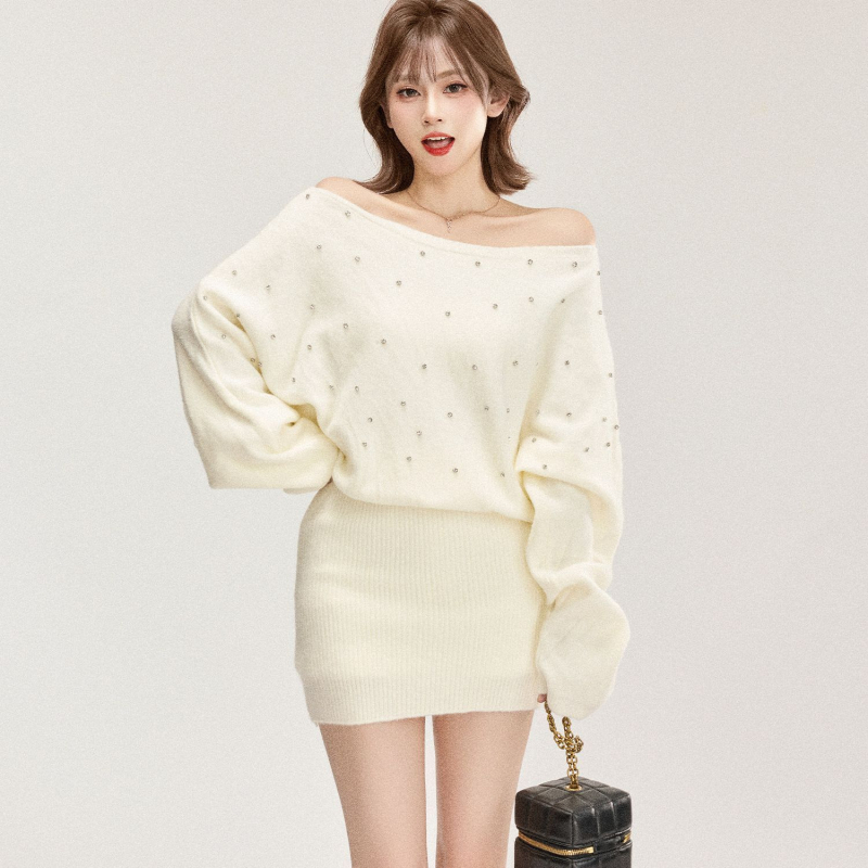 Rochie cu un umăr, mâneci lungi, talie înaltă, fustă wrap scurtă, tricot poliester, fără călcare, stil coreean