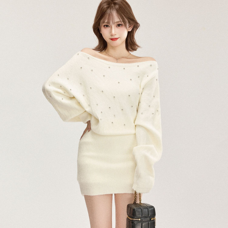 Rochie cu un umăr, mâneci lungi, talie înaltă, fustă wrap scurtă, tricot poliester, fără călcare, stil coreean