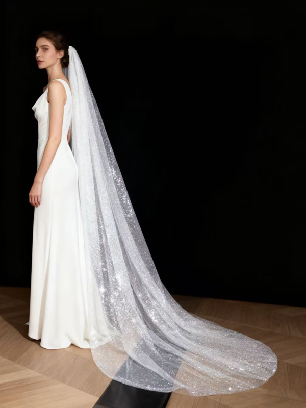 Voal de mireasă în stil catedrală, formă în U, țesătură tricotată, stil european-american