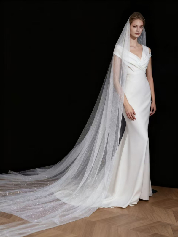 Voal de mireasă în stil catedrală, formă în U, țesătură tricotată, stil european-american