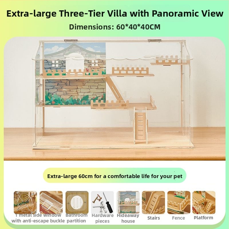 Ξύλινο κλουβί για χάμστερ με τριώροφο σχέδιο βίλας, κατάλληλο για χάμστερ