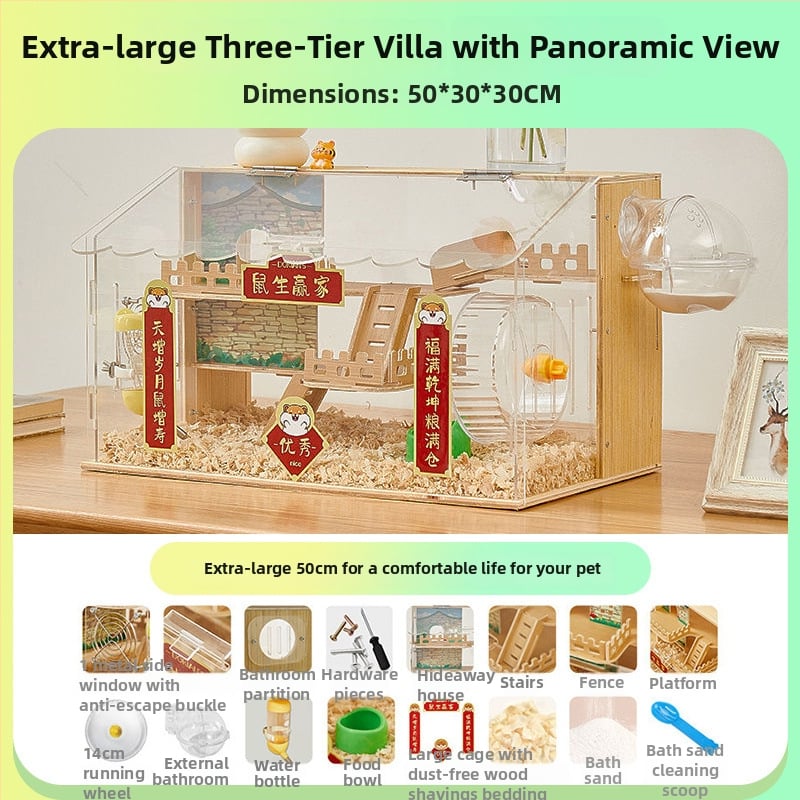 Ξύλινο κλουβί για χάμστερ με τριώροφο σχέδιο βίλας, κατάλληλο για χάμστερ