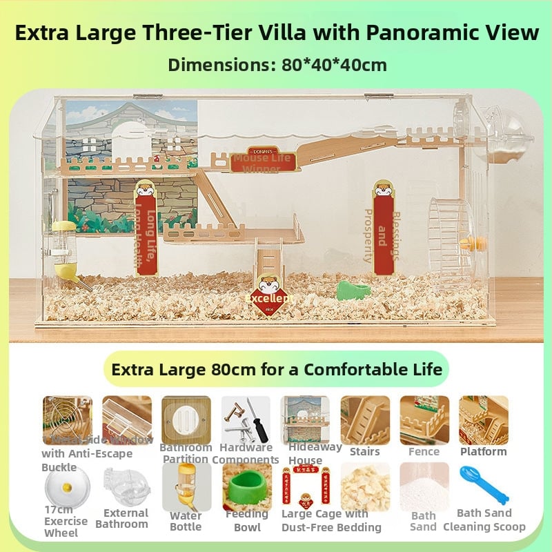 Ξύλινο κλουβί για χάμστερ με τριώροφο σχέδιο βίλας, κατάλληλο για χάμστερ