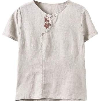 Тениска от памук и лен, флорална шарка, къс ръкав, кръгла яка