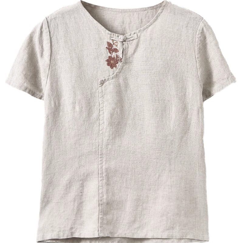 Тениска от памук и лен, флорална шарка, къс ръкав, кръгла яка