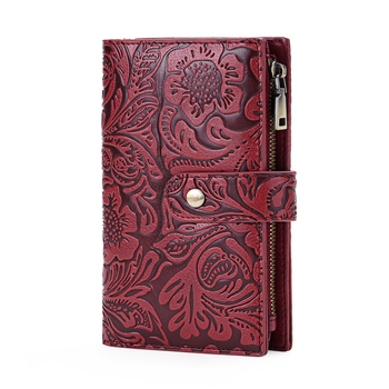 GOIACII Női középméretű pénztárca cipzárral, három rekeszes, virág mintás domborított textúra, PU bőr, poliészter bélés, lopás elleni funkció