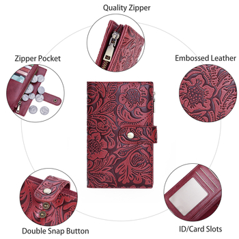 GOIACII Női középméretű pénztárca cipzárral, három rekeszes, virág mintás domborított textúra, PU bőr, poliészter bélés, lopás elleni funkció