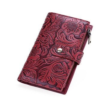 GOIACII Női középméretű pénztárca cipzárral, három rekeszes, virág mintás domborított textúra, PU bőr, poliészter bélés, lopás elleni funkció