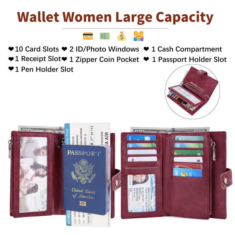 GOIACII Női középméretű pénztárca cipzárral, három rekeszes, virág mintás domborított textúra, PU bőr, poliészter bélés, lopás elleni funkció