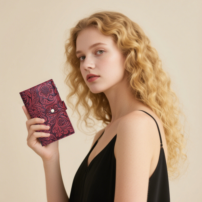 GOIACII Női középméretű pénztárca cipzárral, három rekeszes, virág mintás domborított textúra, PU bőr, poliészter bélés, lopás elleni funkció