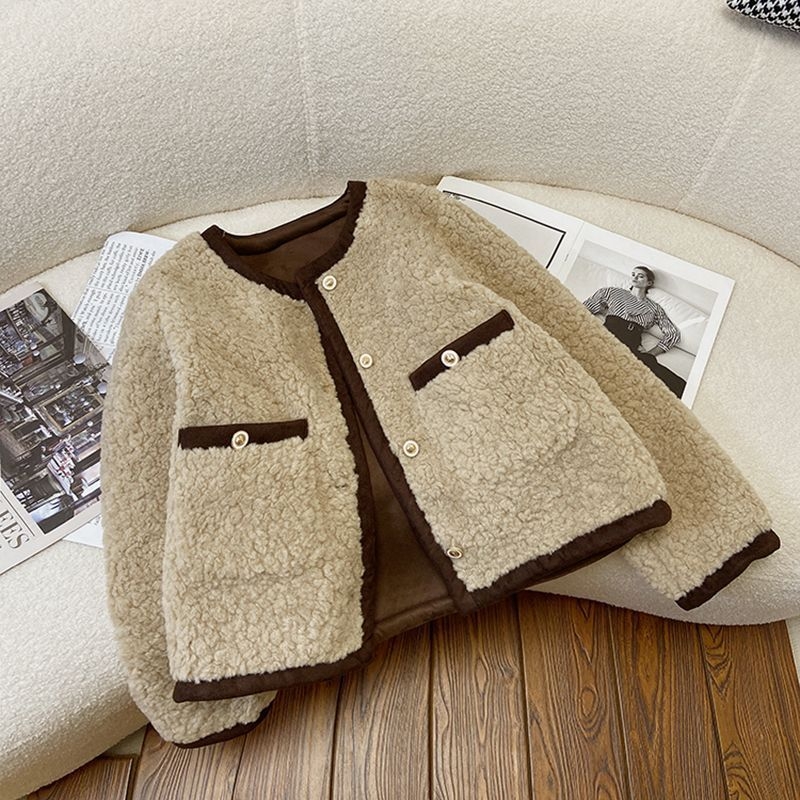 Női Chenille Rövid Kabát – kerek nyak, 3/4-es ujjú, gombok és zsebek, japán–koreai lazító stílus