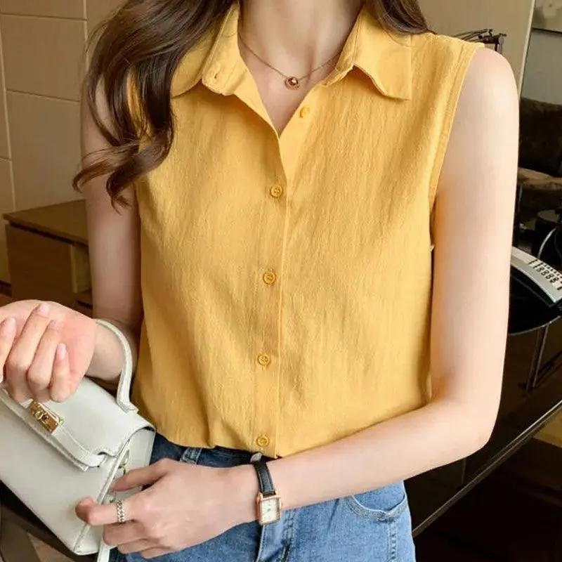 Ženska bluza od šifona bez rukava, ljetni gradski stil, široka silueta, materijal poliester + šifon, polo ovratnik, kopčanje u jednom redu