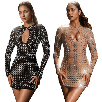 Haljina s otvorenim leđima, dugi rukavi, Hotfix kristali, Milk Silk tkanina, okrugli izrez (elegantan stil)